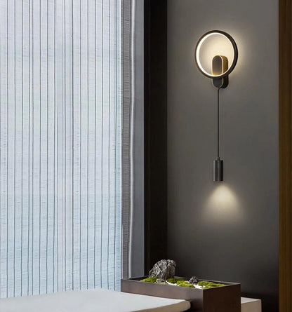 Modern Circle LED Wall Light with Downlight – Black & Gold Finish