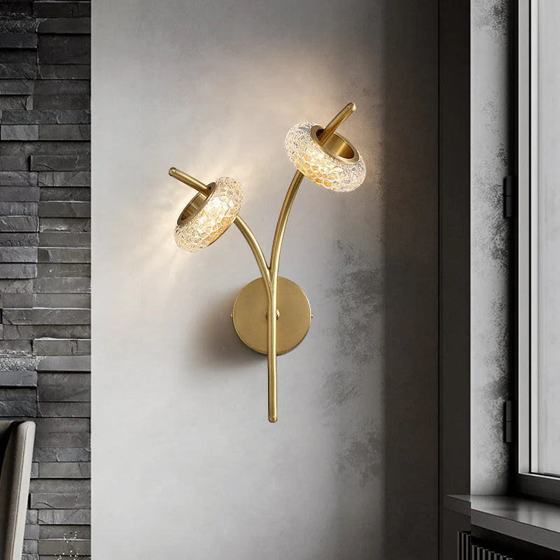 Twin Bloom Modern Wall Light – Gold with Crystal Ring Shades