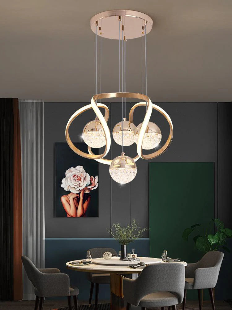Luxury Modern Spiral Ring Chandelier with Crystal Globe Pendants – Gold Finish