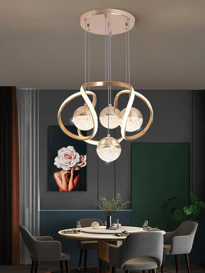 Luxury Modern Spiral Ring Chandelier with Crystal Globe Pendants – Gold Finish