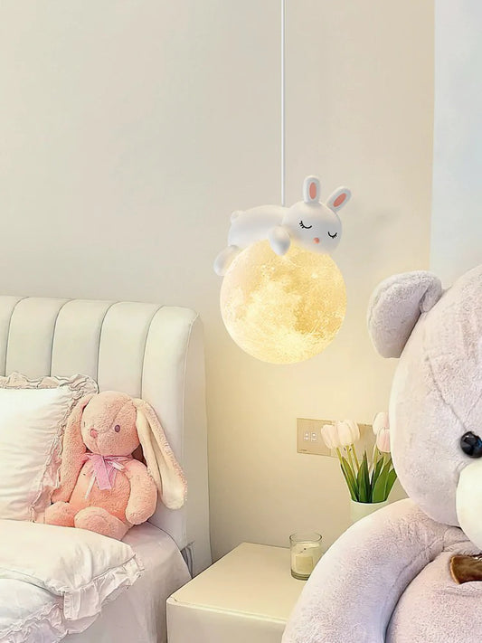 Cute Bunny Moon Pendant Light – Soft Warm LED Night Lamp for Kids Room & Bedroom