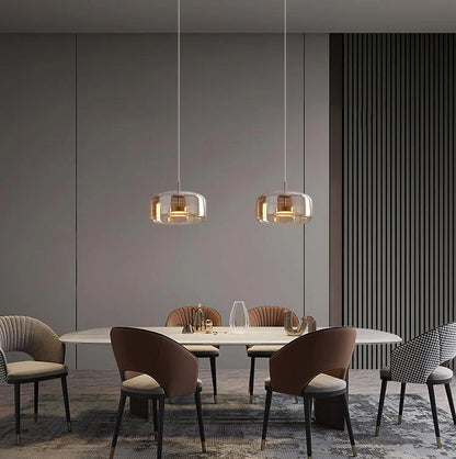 Modern Amber Glass Pendant Light – Gold Finish Hanging Lamp for Dining & Living Room