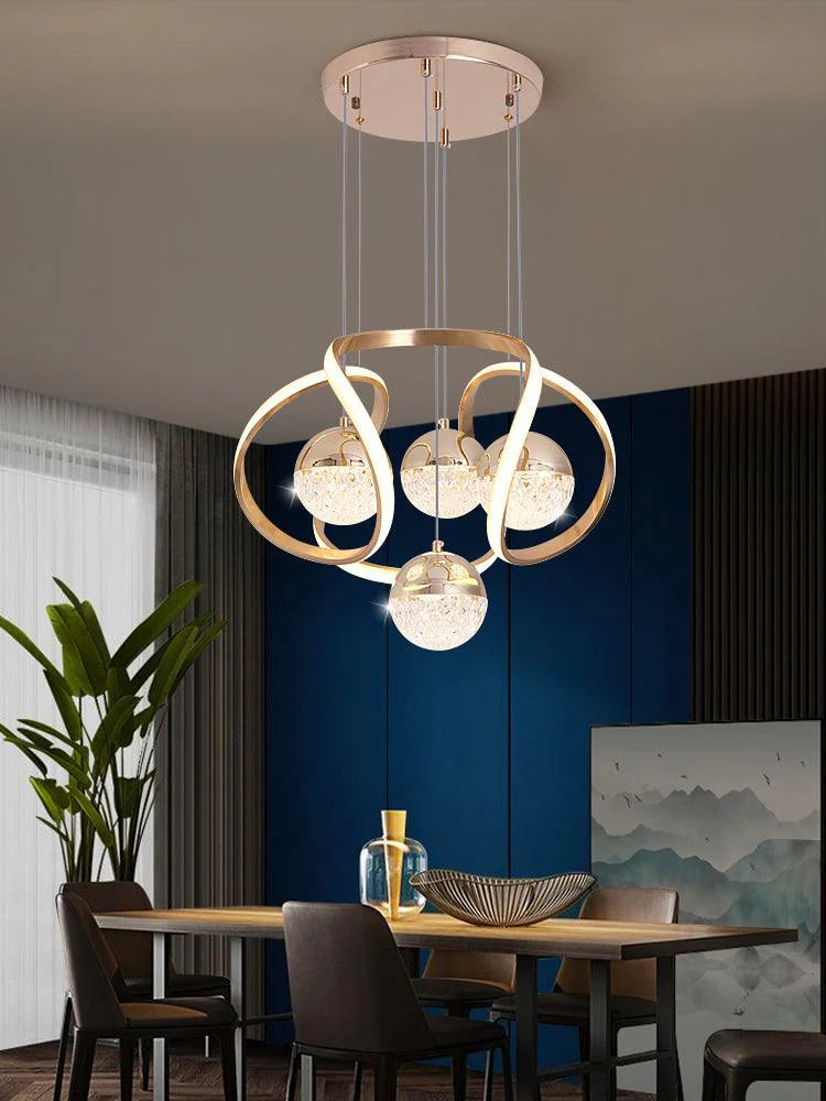 Luxury Modern Spiral Ring Chandelier with Crystal Globe Pendants – Gold Finish