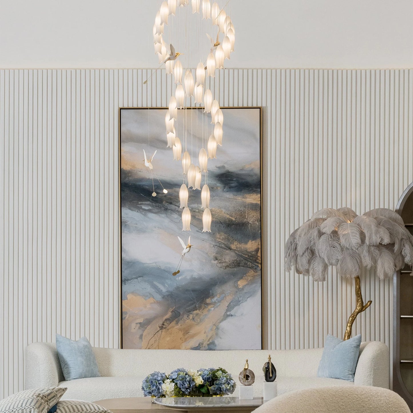 Double Spiral Bird Cage DOUBLE HEIGHT STAIR CHANDELIER