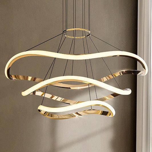 Modern 3-Ring Gold Body Wave LED Chandelier – Warm White Fancy Light