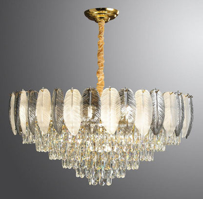 Luxury 600MM Feather Glass Crystal LED Chandelier – Gold Metal Body (Warm White)