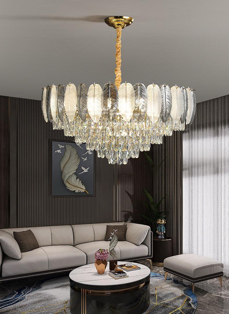 Luxury 600MM Feather Glass Crystal LED Chandelier – Gold Metal Body (Warm White)