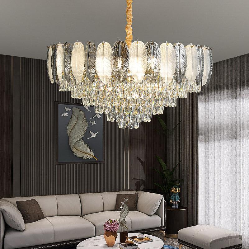 Luxury 600MM Feather Glass Crystal LED Chandelier – Gold Metal Body (Warm White)