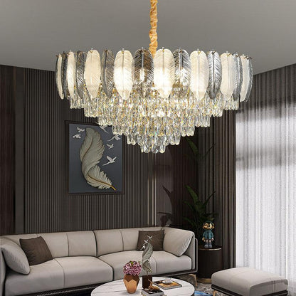 Luxury 600MM Feather Glass Crystal LED Chandelier – Gold Metal Body (Warm White)