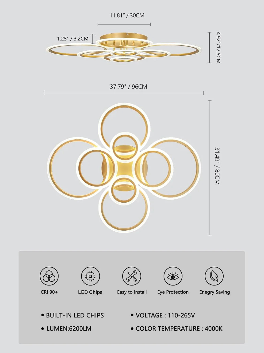 Elegant Gold 8-Light LED Chandelier – Ring Design for Dining & Living Room