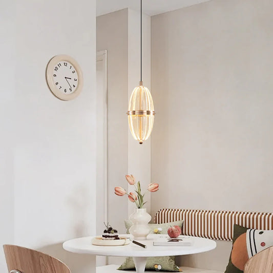 Modern Ribbed Glass Capsule Pendant Light – Gold Finish Hanging Lamp
