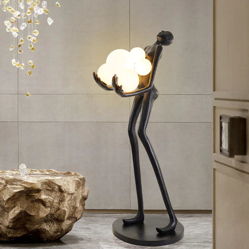 BLACK LADY STATUE HOLDING LIGHT GLOBES FLOOR  LAMP