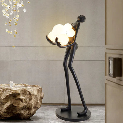 BLACK LADY STATUE HOLDING LIGHT GLOBES FLOOR  LAMP
