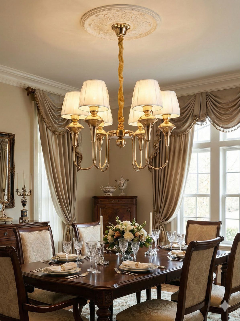 Luxury Gold 5 Arm Chandelier with Fabric Shades