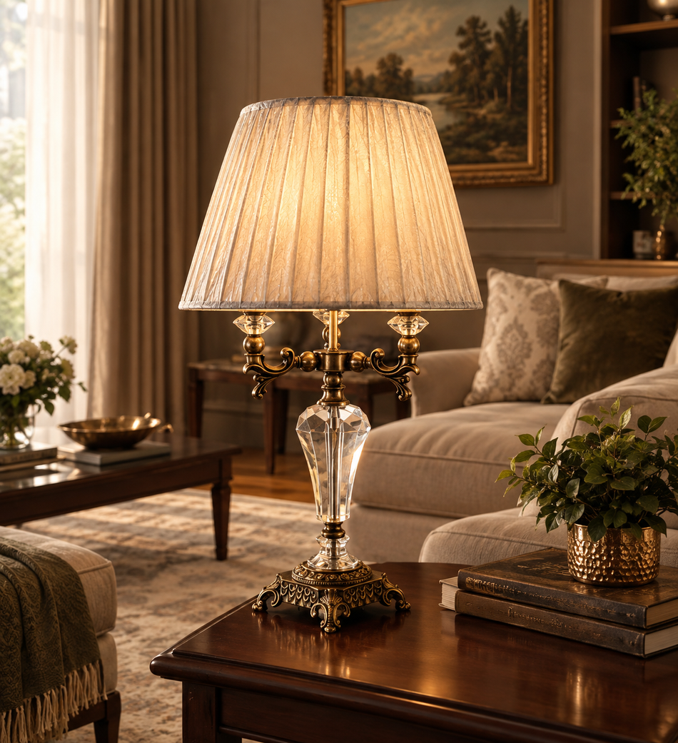 Luxury Gold Table Lamp with Crystal Base & Elegant Fabric Shade