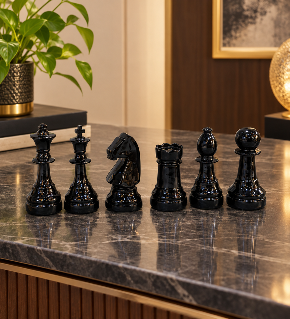 Black Glossy Chess Pieces Decorative Set of 6