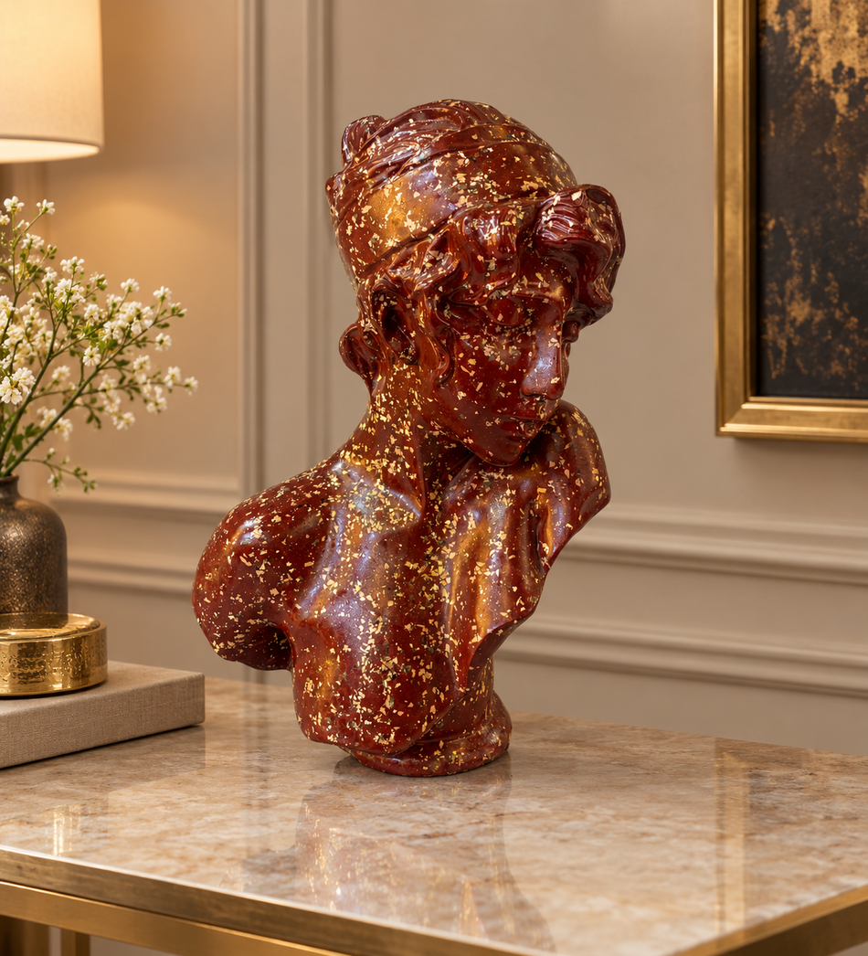 Classical Red & Gold Flecked Female Bust Sculpture