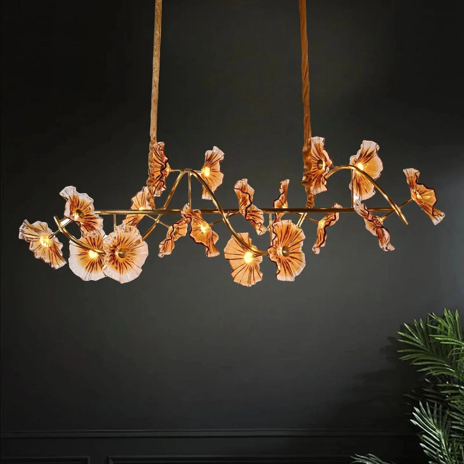 Designer Floral Linear Chandelier Gold Finish