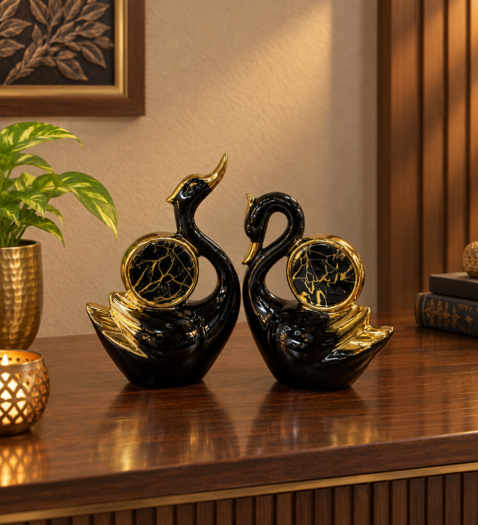 Modern Black & Gold Swan Couple Sculptures