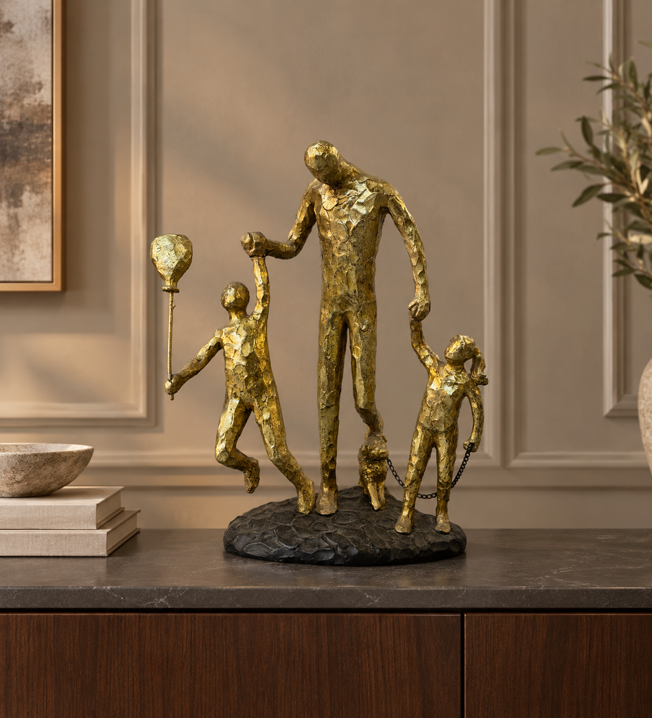 Abstract Family Walking with Dog Sculpture in Gold Finish