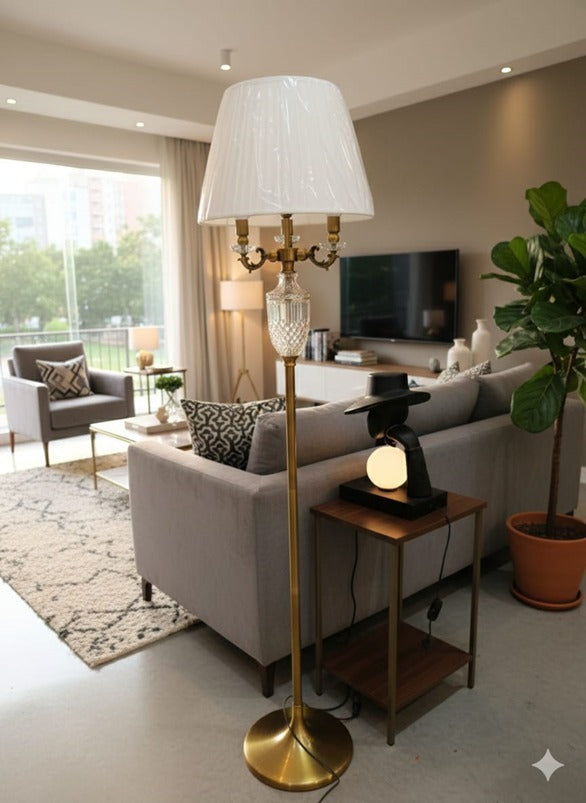 Modern Gold Floor Lamp with Crystal Detail & Pleated Shade