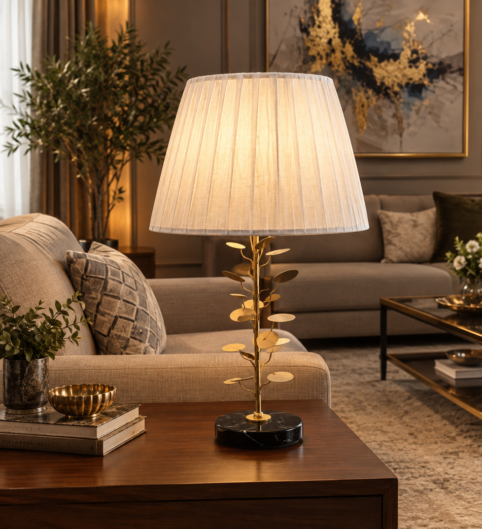Luxury Brass Leaf Table Lamp with Black Marble Base & Pleated Fabric Shade