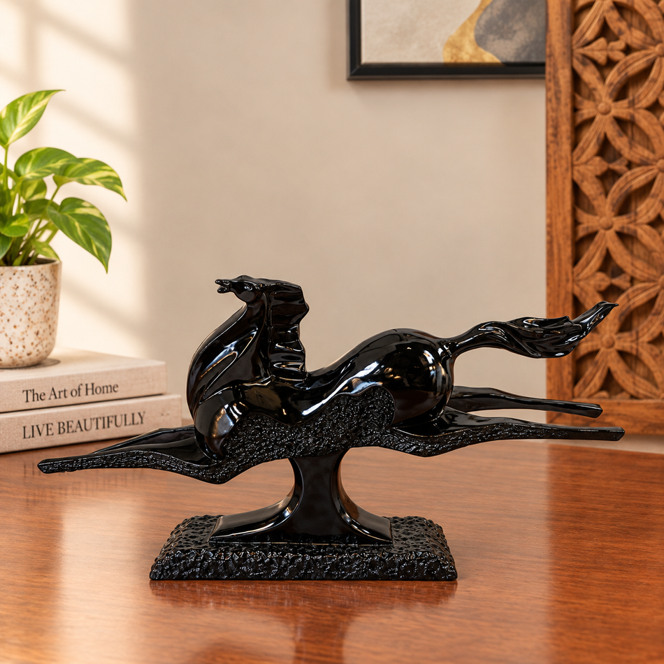 Modern Black Galloping Horse Sculpture