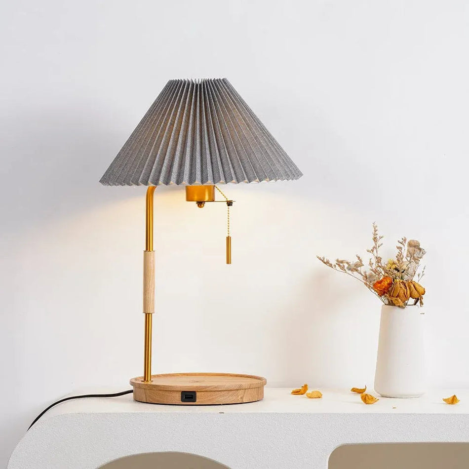 Modern Pleated Shade Wooden Base Table Lamp