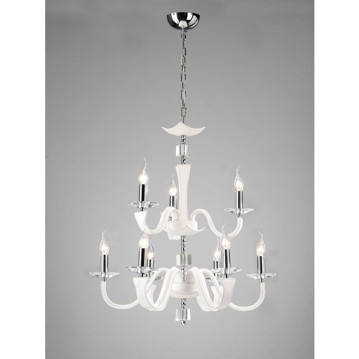 Nardini 65cm Pendant 2 Tier 9 Light E14 Polished Chrome/White Faux Leather/Crystal