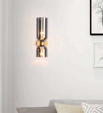 Modern Double Glass Wall Sconce with Smoky Finish and Gold Base