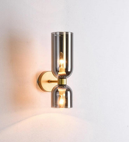 Modern Double Glass Wall Sconce with Smoky Finish and Gold Base