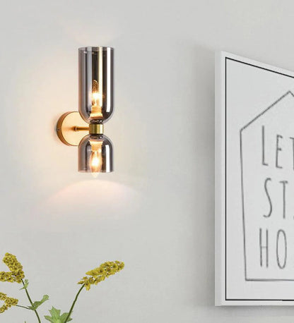 Modern Double Glass Wall Sconce with Smoky Finish and Gold Base