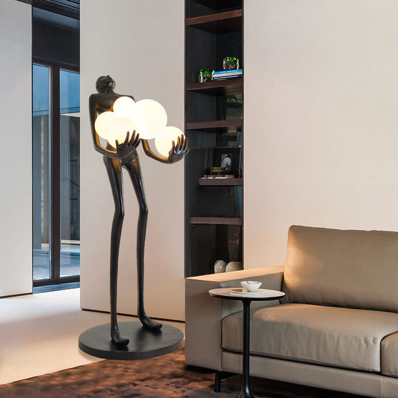 BLACK LADY STATUE HOLDING LIGHT GLOBES FLOOR  LAMP