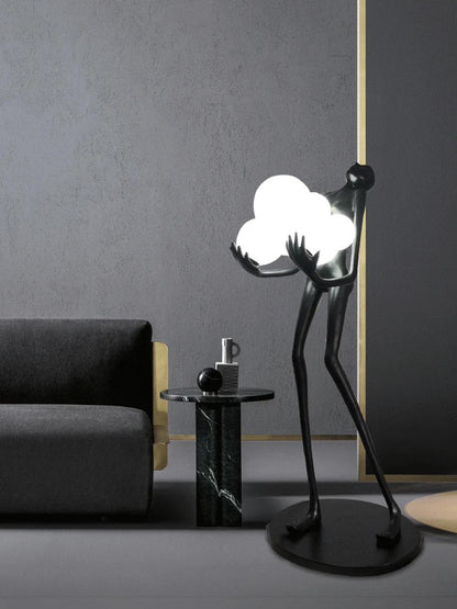 BLACK LADY STATUE HOLDING LIGHT GLOBES FLOOR  LAMP